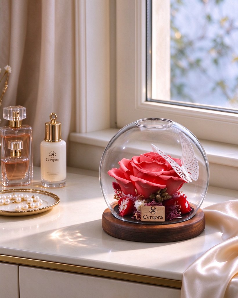a Cerqora preserved flower on the dressing table