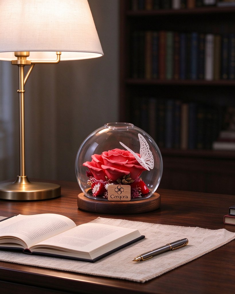 a Cerqora preserved flower under the desk lamp