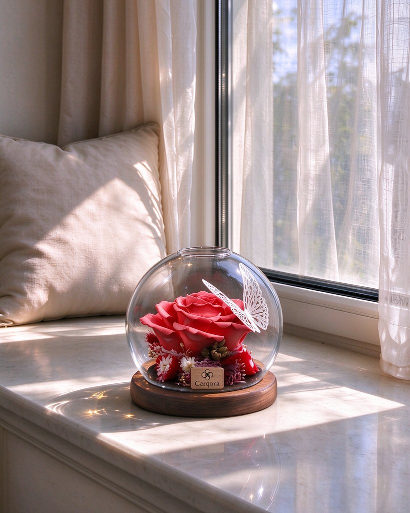 a Cerqora preserved flower by the windowsill cushion