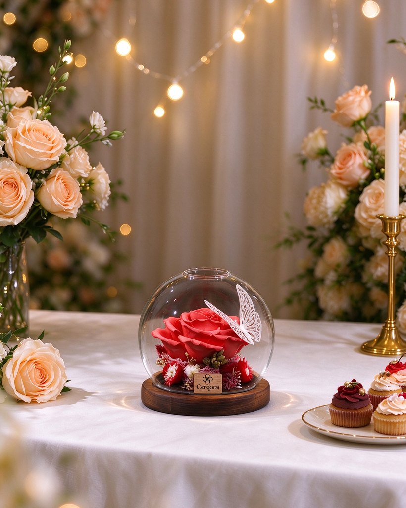 a Cerqora preserved flower on the celebration table