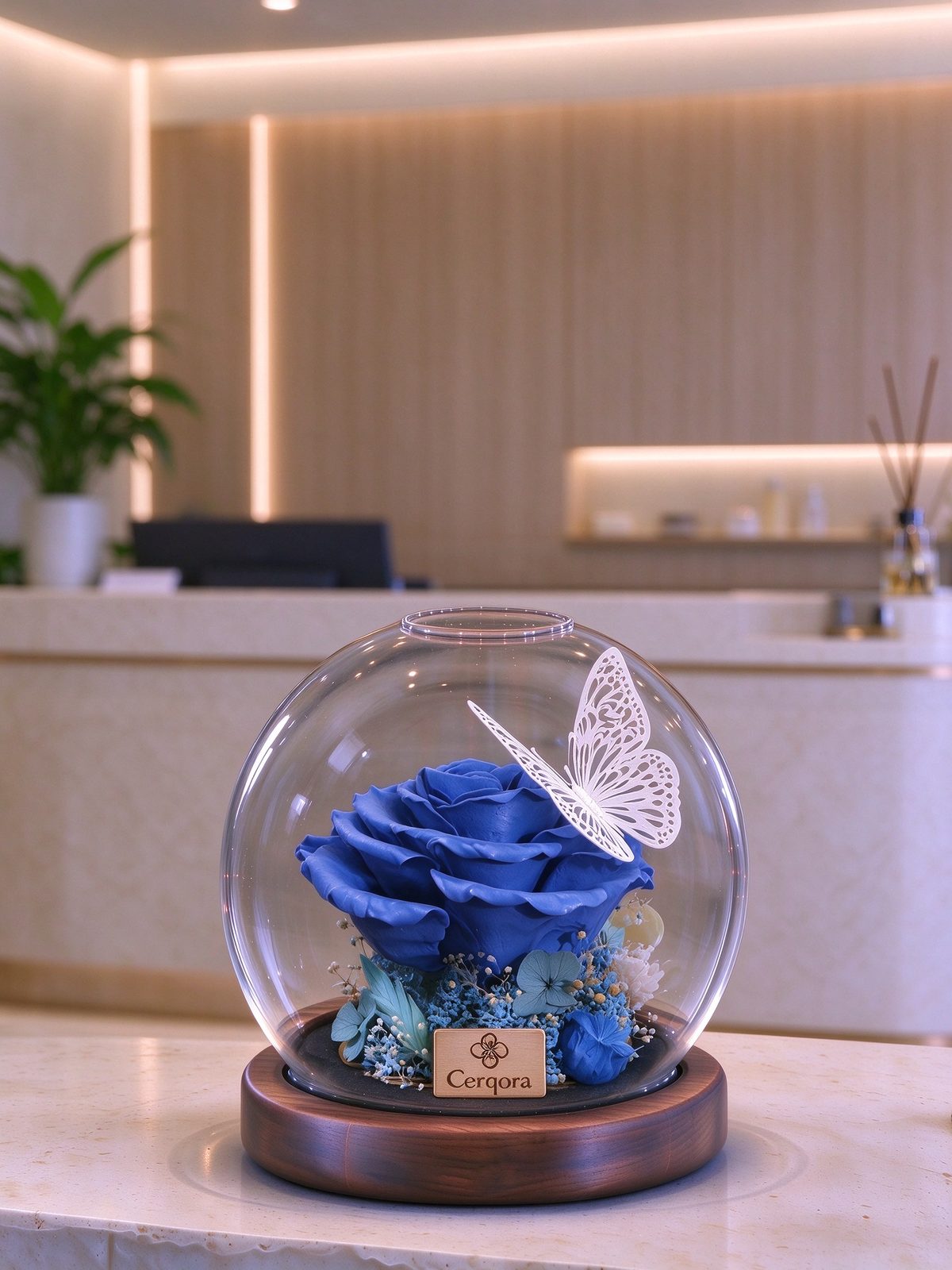 Blue glass orb, AI scene 02