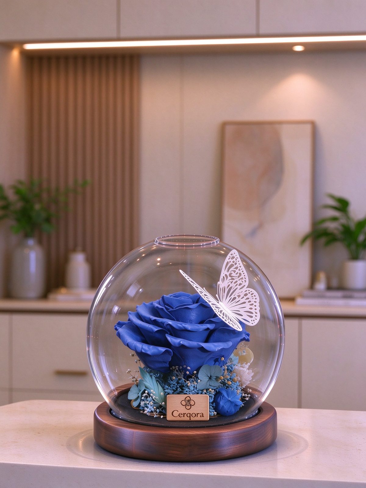 Blue glass orb, AI scene 03