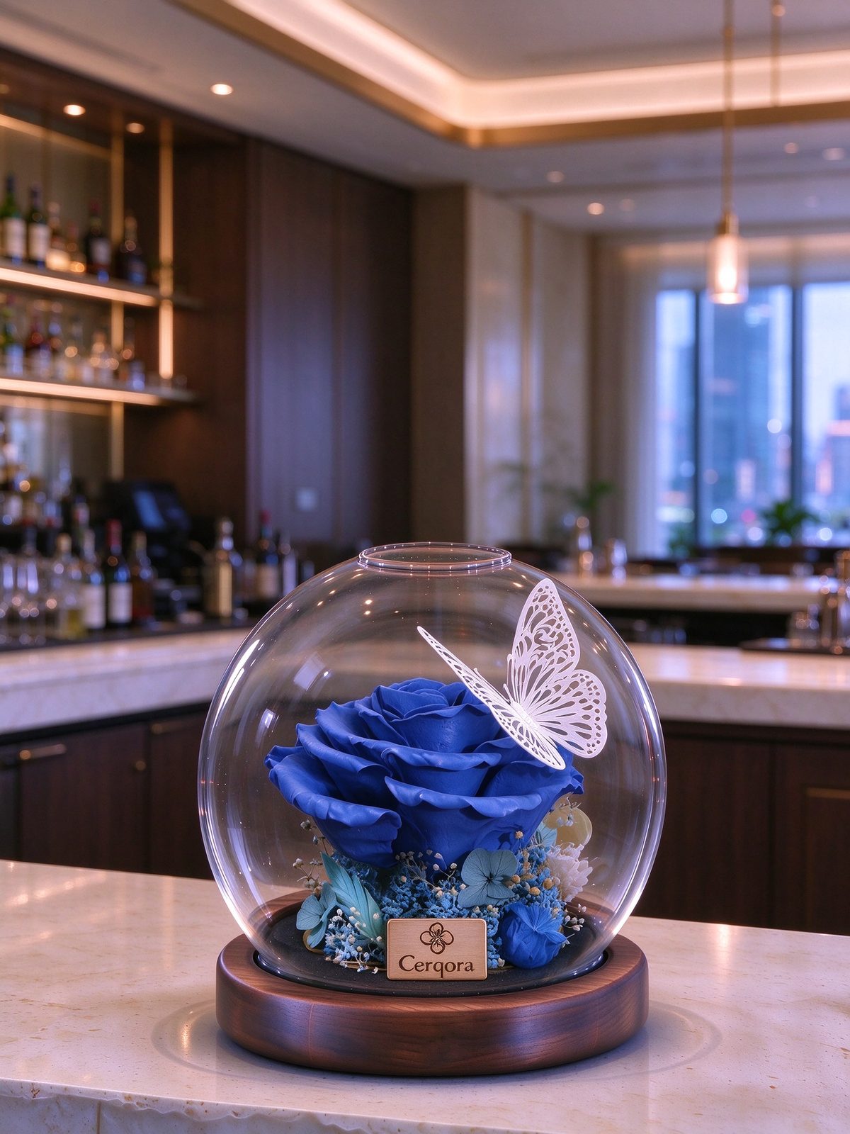 Blue glass orb, AI scene 05