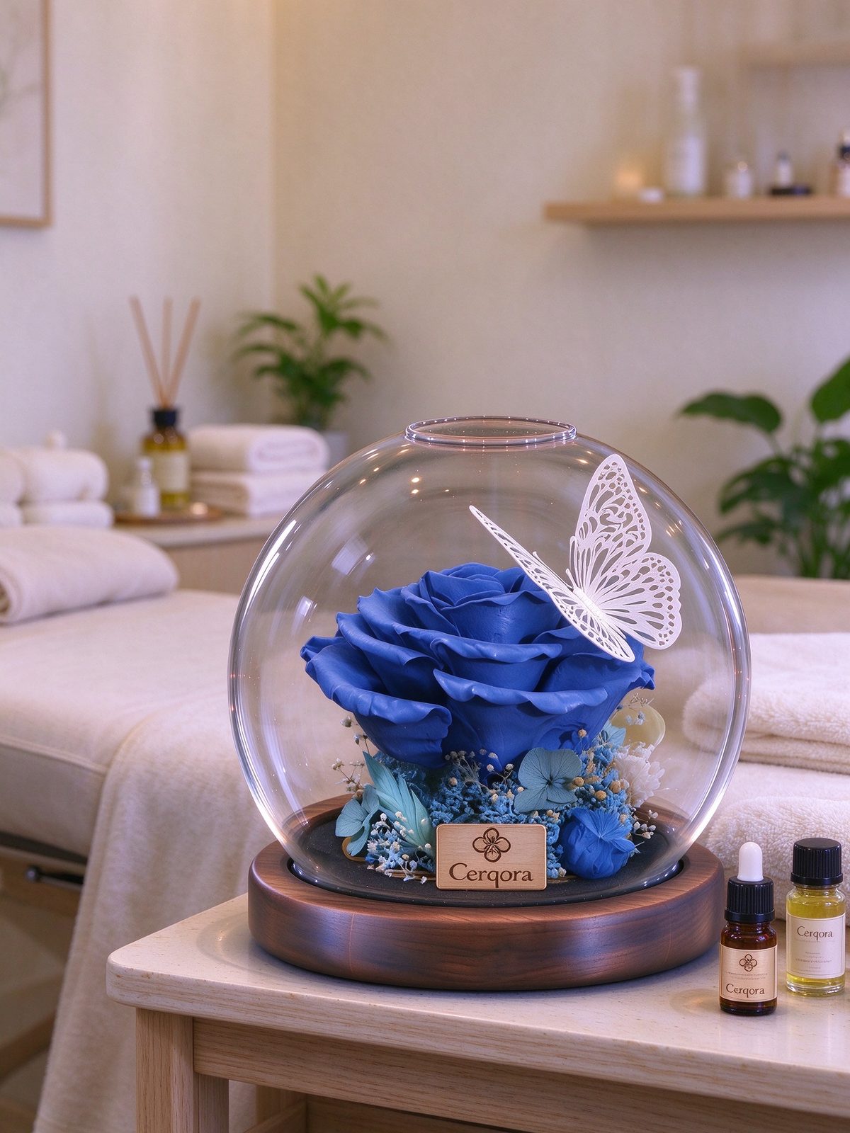 Blue glass orb, AI scene 06