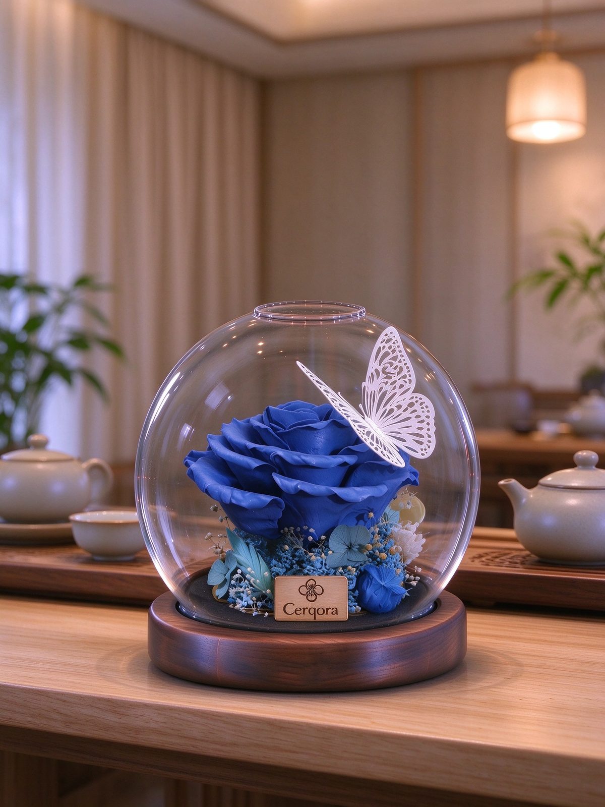 Blue glass orb, AI scene 08
