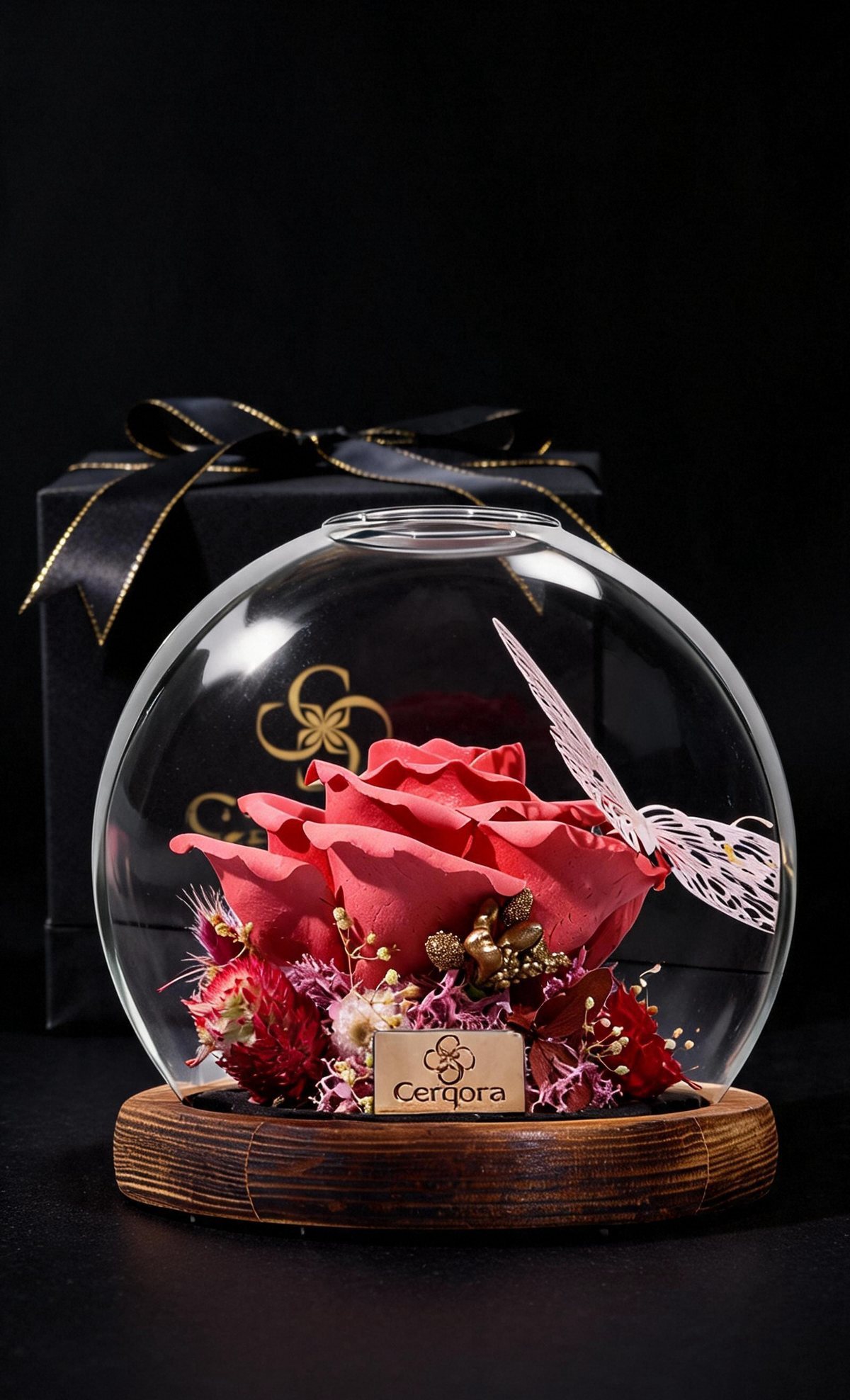 Cerqora ceramic preserved flower, glass dome with wooden-base gift box