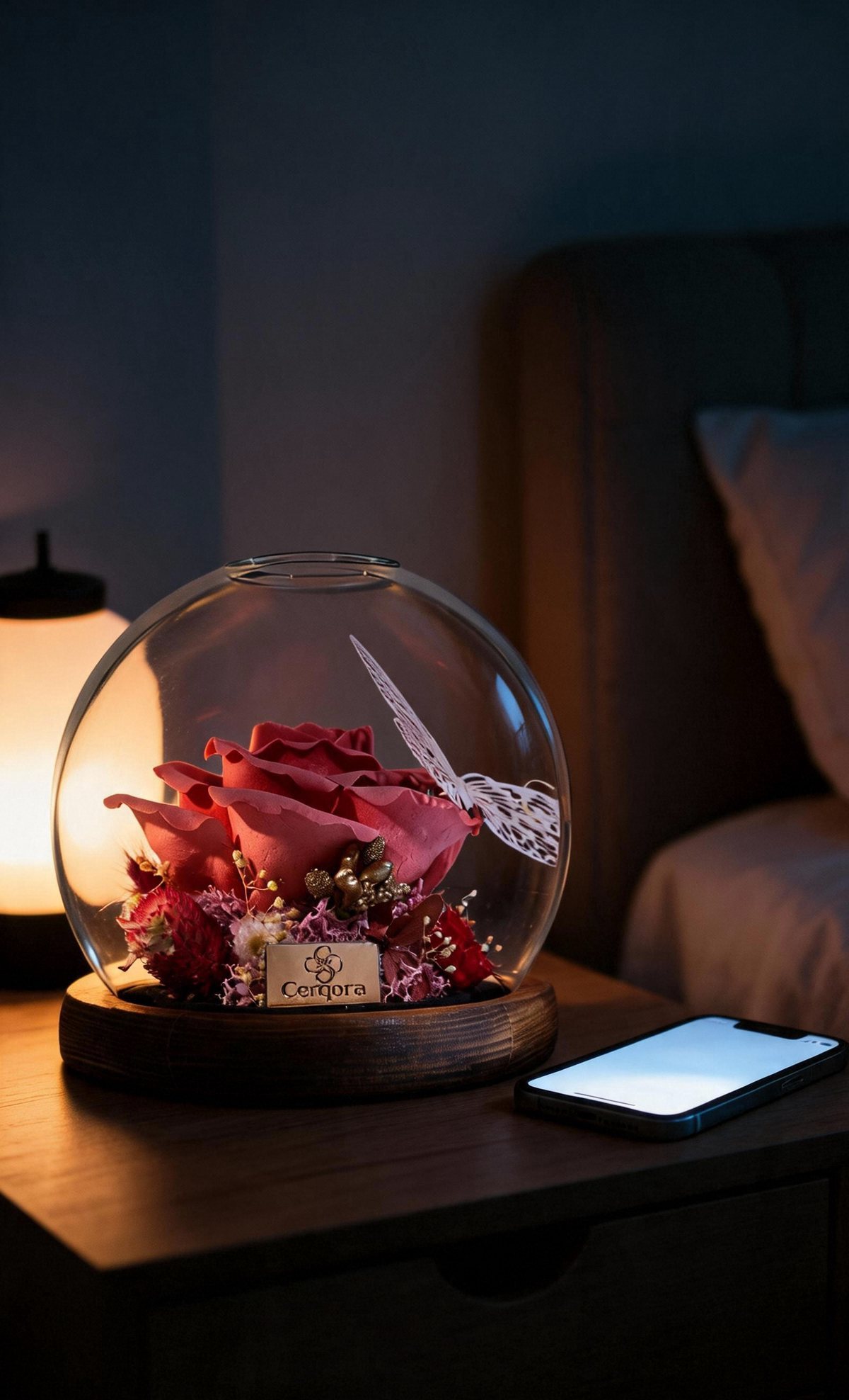 a Cerqora preserved flower on the nightstand against the night view