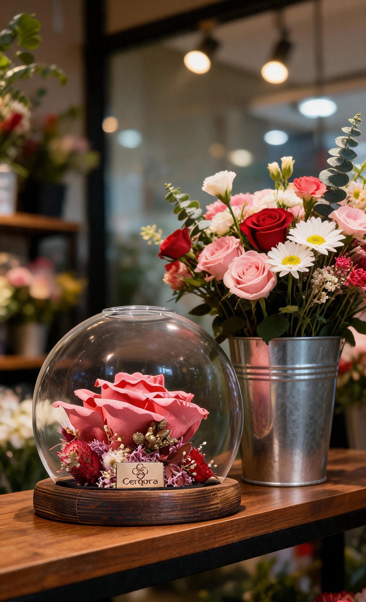 a Cerqora preserved flower on the florist's counter